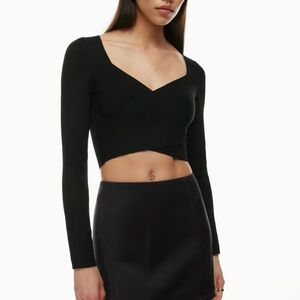 Aritzia Babaton Sculpt Black Cropped V-Neck Rib Knit Top XS